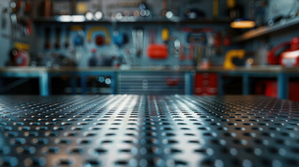 Empty metal workspace table with a blurred background of automotive tools and components, suitable for auto product promotions.