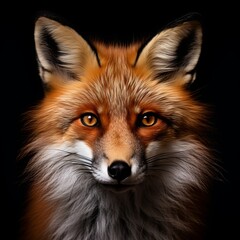 Close up portrait of a red fox isolated on a dark background. The fox has vibrant fur and bright, alert eyes, making it perfect for websites, blogs, and social media posts.