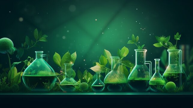 Biology laboratory nature and science concept: close-up of plants with biochemistry molecular structure overlay on green background, highlighting plant research and biological discoveries in botanical