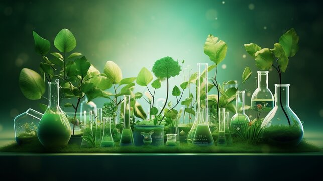 Biology laboratory nature and science concept: close-up of plants with biochemistry molecular structure overlay on green background, highlighting plant research and biological discoveries in botanical - Powered by Adobe