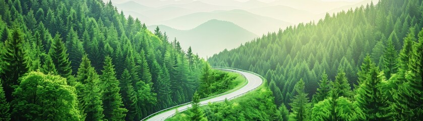 A winding road cuts through a lush green forest with misty mountains in the background, capturing a serene and scenic landscape.