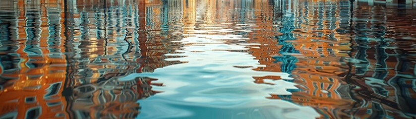 Flooded streets with rainwater creating reflections of buildings, photorealistic, cool tones, intricate details, capturing the calm after the storm