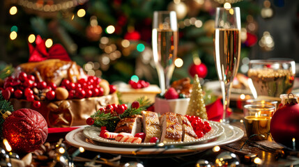 Christmas meals on the holiday table. Traditional food, meals, and drinks for the winter feast. Xmas dinner with roasted turkey, ribs, pudding, cake, bakery, and champagne.