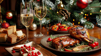 Christmas meals on the holiday table. Traditional food, meals, and drinks for the winter feast. Xmas dinner with roasted turkey, ribs, pudding, cake, bakery, and champagne.