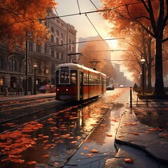 Obraz premium A beautiful cityscape of a street with fallen autumn leaves, a vintage tram passing by, and stunning architecture in the background. Perfect for travel, tourism, and transport concepts.
