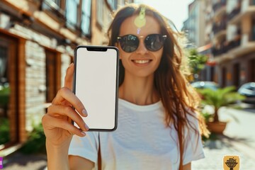Young woman showing a blank smartphone screen in the city, ready for your app or message, highlighting urban lifestyle and technology