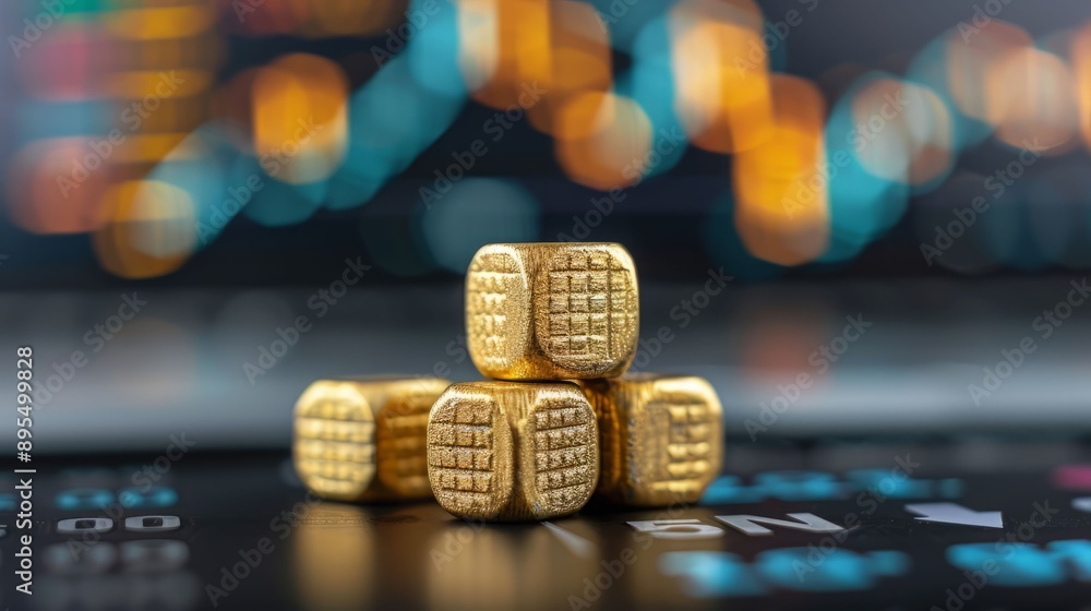 Aufkleber Golden cubes stacked on a financial chart with a blurred background of a rising graph.