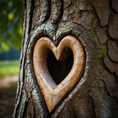 heart carved into an oak tree for valentine's day romance with passion engraved handmade  intricate wood
