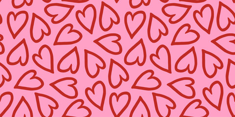 Red hearts outline on pink background seamless pattern. Sweet love. Valentine's day cute backdrop texture, wallpaper. Romantic wedding background.