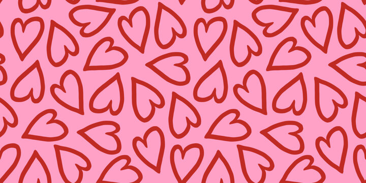 Red hearts outline on pink background seamless pattern. Sweet love. Valentine's day cute backdrop texture, wallpaper. Romantic wedding background.