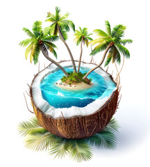 Obraz premium Creative tropical island scene inside a coconut shell with palm trees and turquoise water. Unique summer travel destination concept.