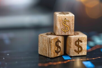 Three wooden blocks stacked on top of each other, each with a dollar sign on it, represent financial growth and success.