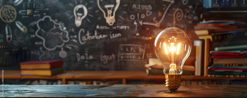 Poster glowing light bulb on a wooden table with books and a blackboard with drawings and formulas in the b