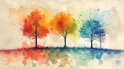 Four trees in a row, each representing a different season: red for fall, orange for summer, green for spring, and blue for winter. The watercolor effect creates a dreamy and ethereal atmosphere.