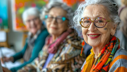 Fototapeta premium Senior women wearing glasses and colorful scarves, smiling and sitting together in a social setting, enjoying their time and companionship.