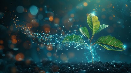 A vibrant green sprout with connected lines symbolizes growth, innovation, technology, and a sustainable future.