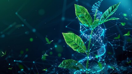 A plant with green leaves emerges from a network of glowing blue lines, symbolizing the intersection of nature, technology, and growth.