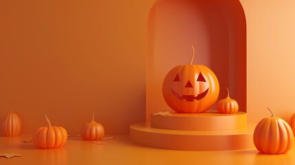 A festive Halloween scene with a carved pumpkin on a podium, surrounded by smaller pumpkins and autumn leaves, creating a warm and inviting atmosphere.