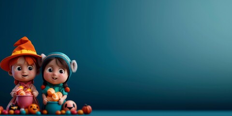 Fototapeta premium Kids dressed in costumes holding buckets of candy
