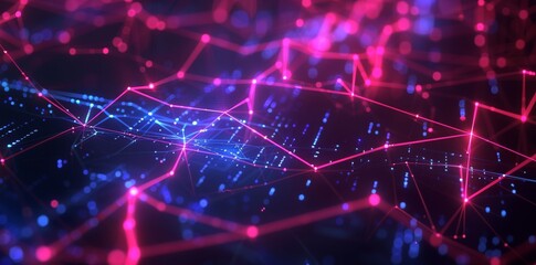 Explore an abstract digital network of glowing neon nodes and connections in cyberspace.