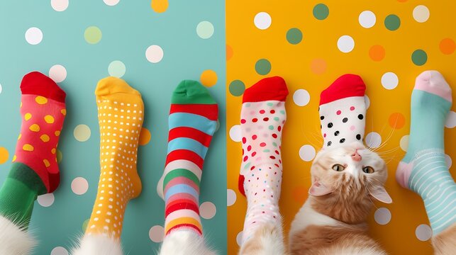 Close-Up of Ragdoll Cat's Paws Wearing Colorful Socks Against Polka Dot Background