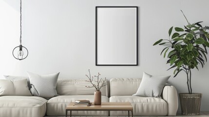 A modern living room with a white sofa, a black framed picture, a hanging light fixture and a potted plant. The room is decorated in a minimalist style. This image represents a concept of calmness, si