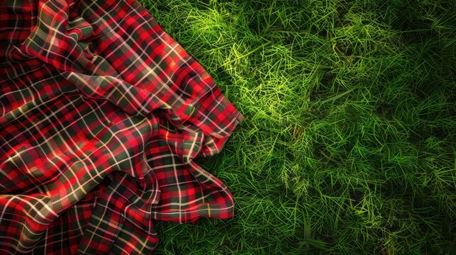 Red plaid cloth on green grass viewed from above. - Powered by Adobe