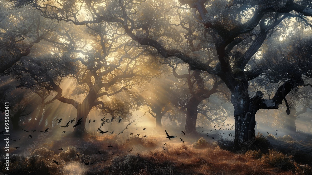 Poster a mystical forest with sunbeams filtering through the branches, illuminating a flock of birds in fli
