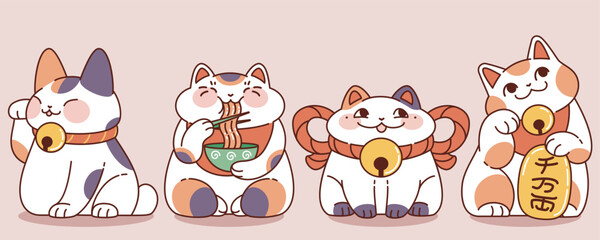 Japanese lucky cats set isolated on background. Contemporary vector cartoon illustration of cute maneki-neko beckoning kitty mascot eating noodles, hugging golden coin, traditional asian wealth symbol