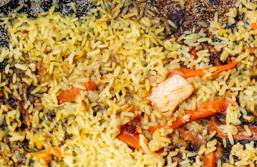 Close-up of pilaf in a cauldron