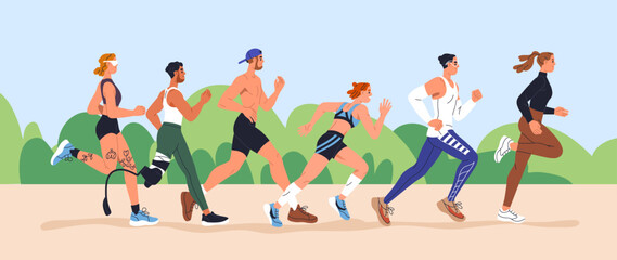 People jogging, running together in park. Inclusive joggers group, outdoor training and cardio exercise. Active fit runners, healthy physical activity, sport in nature. Flat vector illustration