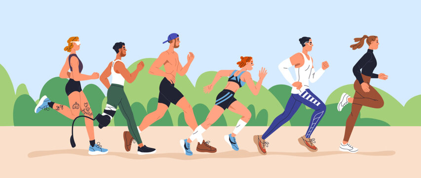 People jogging, running together in park. Inclusive joggers group, outdoor training and cardio exercise. Active fit runners, healthy physical activity, sport in nature. Flat vector illustration