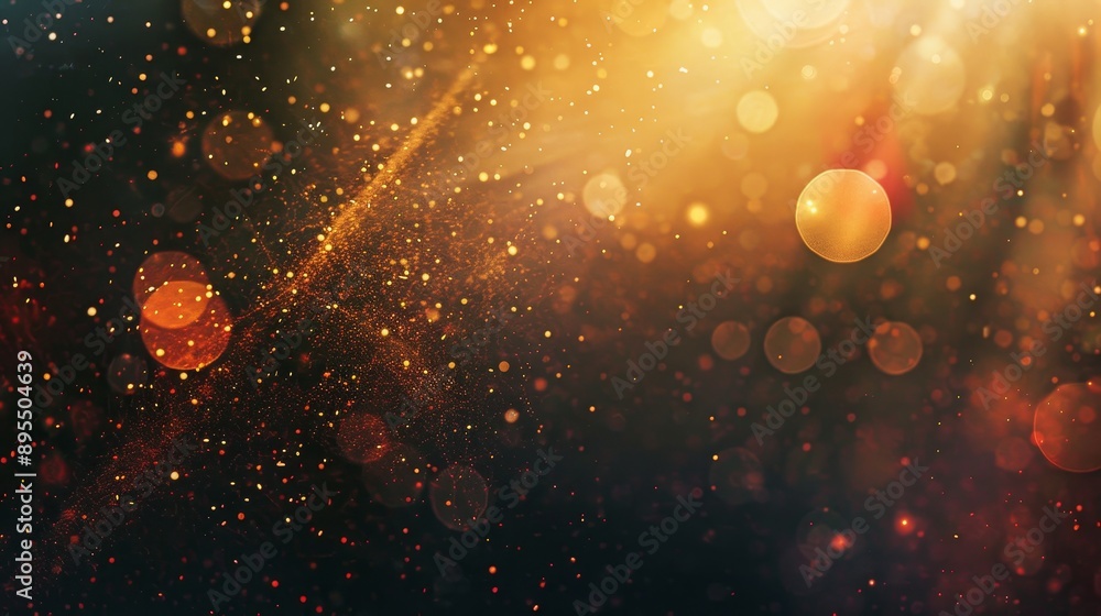 Poster this captivating background features a blend of golden bokeh, sparkling dust, and an abstract light 