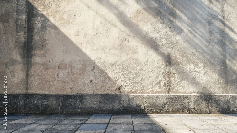 Aufkleber a textured concrete wall with light shining through, creating a contrasting shadow on the tiled floo