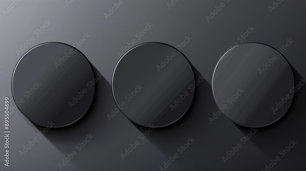 Poster three black circular placeholders on a grey background with subtle shadows. they symbolize simplicit