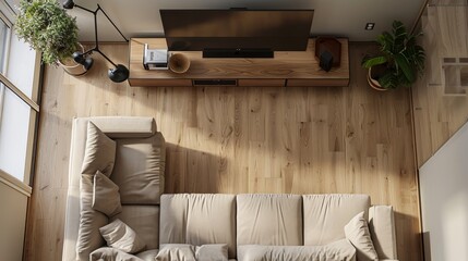 A modern living room with a beige sectional sofa, a wooden floor, a flat screen television, and a plant. The sofa is in the center of the image and the television is mounted on the wall above it. The 