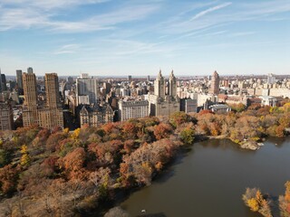Autumn Fall. Autumnal Central Park view from drone. Aerial of NY City Manhattan Central Park panorama in Autumn. Autumn in Central Park. Autumn NYC. Central Park Fall Colors of foliage.