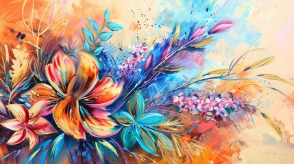 Fototapeta premium This watercolor painting showcases a vibrant bouquet of flowers with intricate details and abstract elements, symbolizing nature, beauty, creativity, joy, and abstract art.