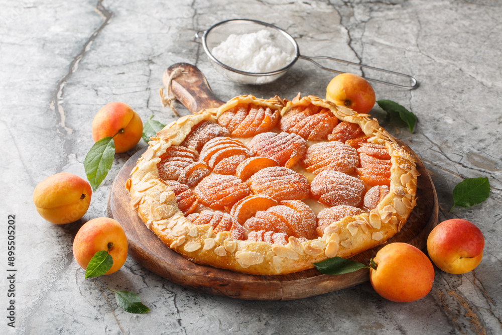 Wall mural baked galette or open apricot almond pie on board closeup on the table. horizontal