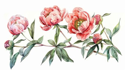 A delicate watercolor illustration of a pink peony branch with lush green leaves and flower buds, symbolizing beauty, elegance, love, nature, and spring.