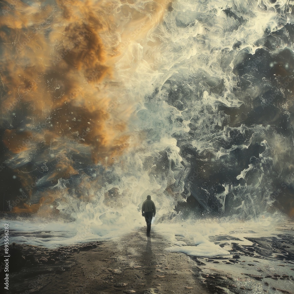 Poster a lone figure walks towards the viewer, seemingly unafraid of the turbulent storm clouds that surrou