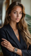 A woman wearing a black suit and watch.