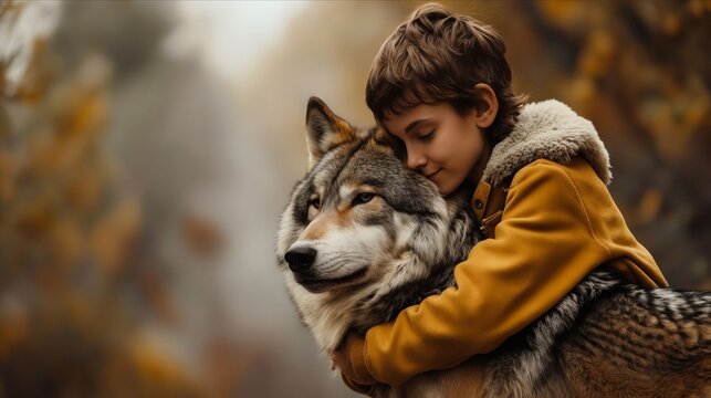 A young boy hugging a wolf.