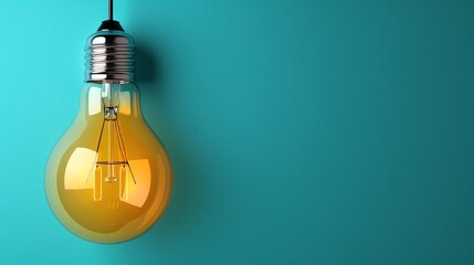 Glowing light bulb on teal background.