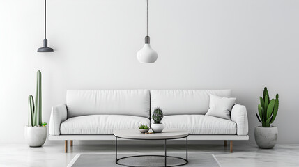 Bright and cozy modern living room interior have sofa and plant with white wall,Defocused shot of a bright, airy Scandinavian-style living space with minimalist design resplendent
