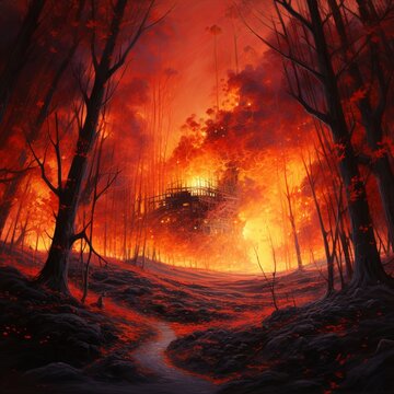 River of fire flows through ancient trees, reflecting flames and creating a mesmerizing display of nature s elements. Fiery glow illuminates the forest, casting a magical spell.