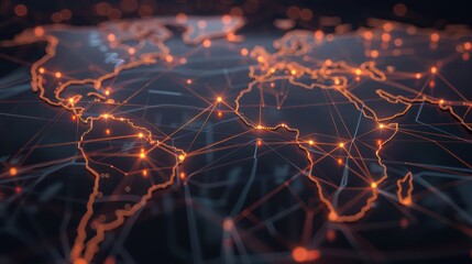 conceptual digital artwork of global trading, visualized as a network of glowing, interconnected nodes and lines on a dark, sleek surface