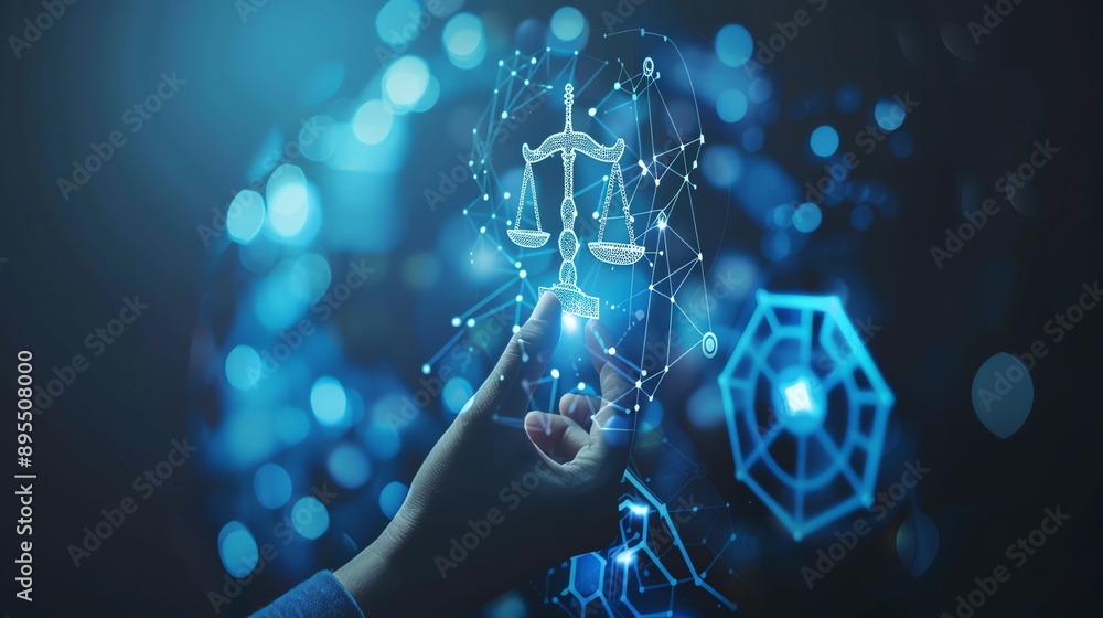 Poster hand reaching towards scales of justice on digital network.