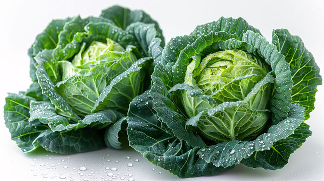 Fresh Green Cabbages with Water Droplets