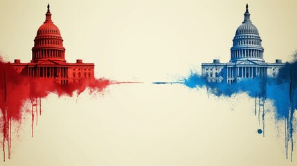 Abstract illustration of the US Capitol buildings in red and blue, symbolizing political divide and bipartisanship in America.